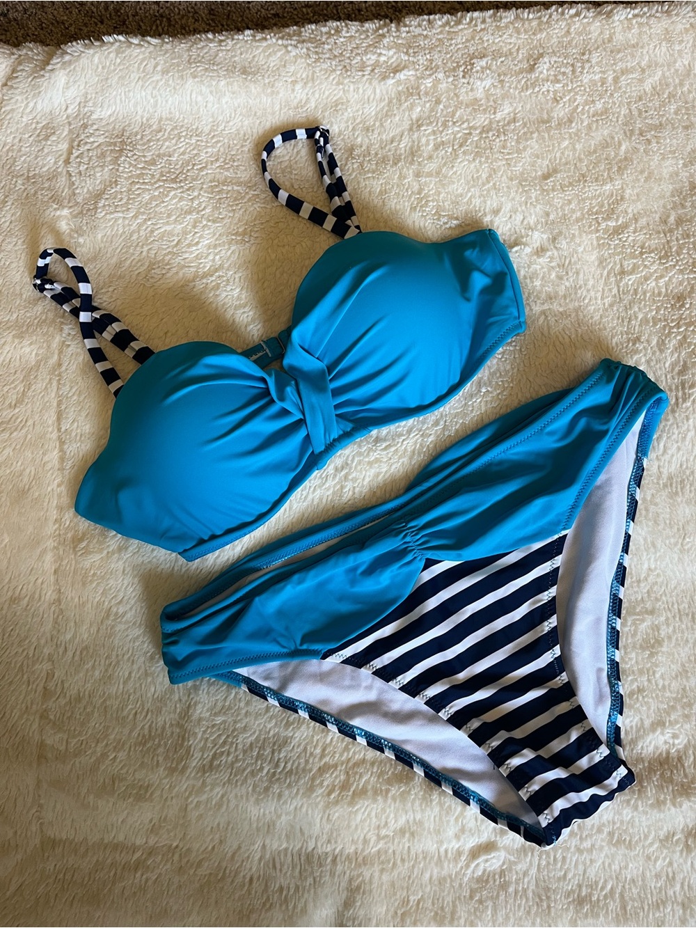 Amazon Women's Turquoise and Navy Striped Bikini NWOT